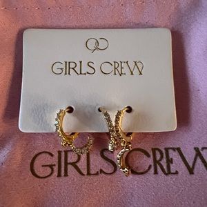 Girls Crew 3 piece earring set gold and crystal tiny hoops moon